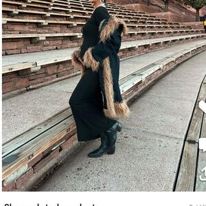 Dark denim fitted long coat w/ faux fur trims fur trim.  Purchased Love Only NYC